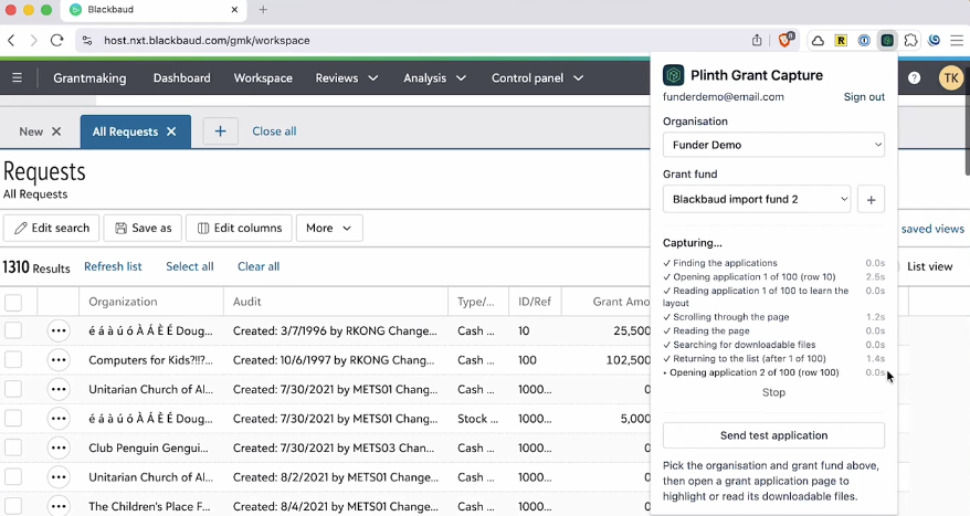 Plinth Grant Capture Chrome extension on a Blackbaud workspace page