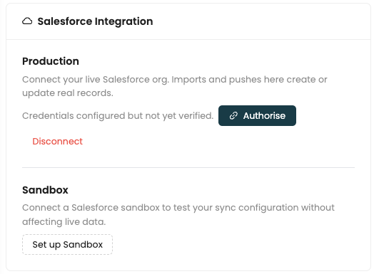 Salesforce Integration settings showing production and sandbox connection options