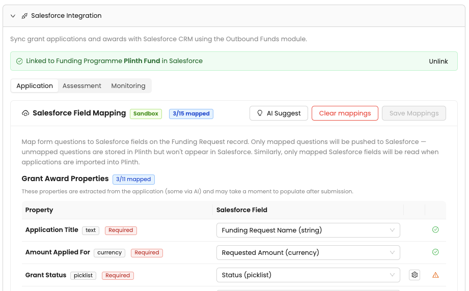 Salesforce field mapping for grant application properties