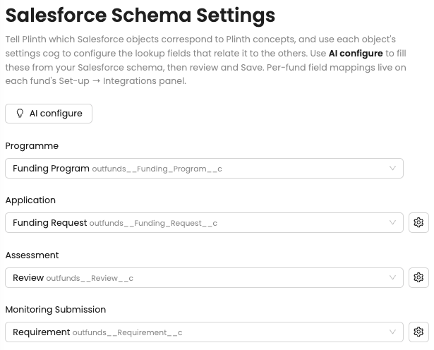 Salesforce Schema Settings mapping Programme, Application, Assessment, and Monitoring objects